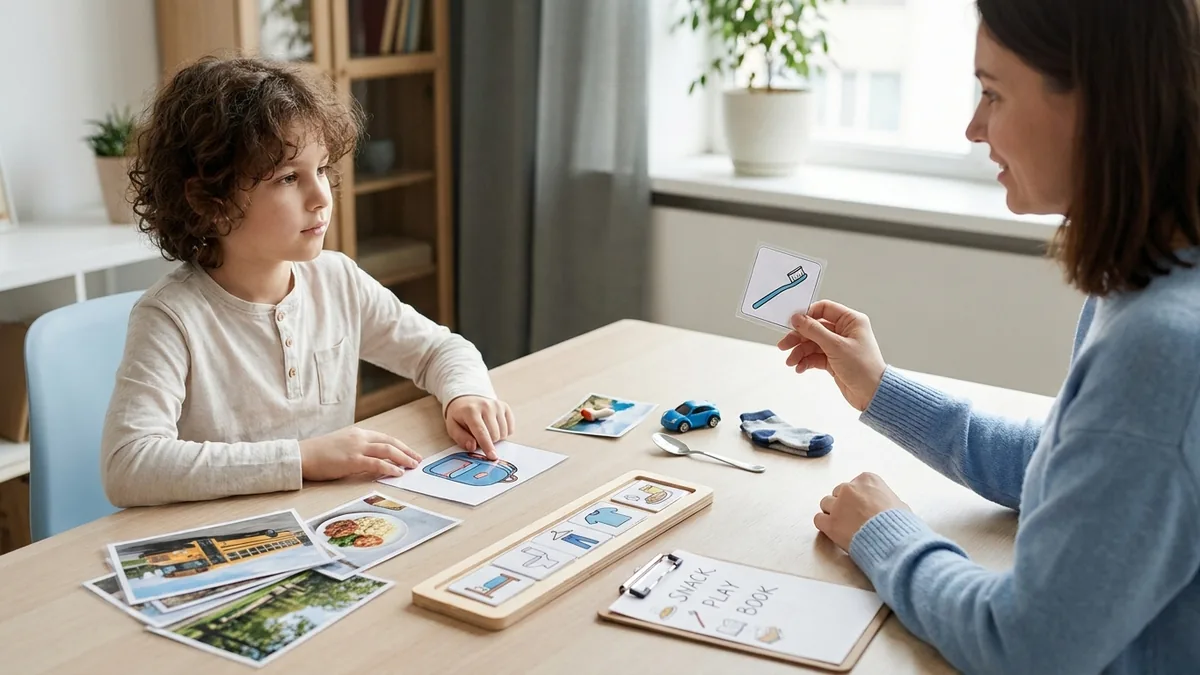 Niño observa fotografías, pictogramas y objetos utilizados como apoyos visuales mientras una adulta lo acompaña