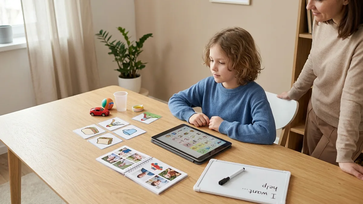 Niño autista observa diferentes herramientas de comunicación como pictogramas, fotografías y una tableta mientras una adulta lo acompaña