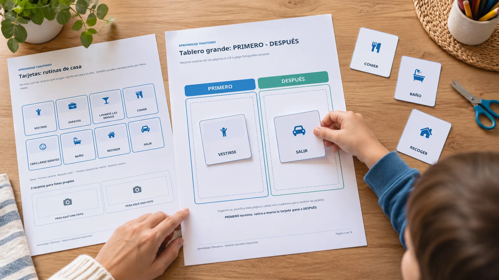 Niño utiliza las tarjetas del PDF gratuito con un tablero Primero–Después para organizar visualmente una secuencia de actividades cotidianas.