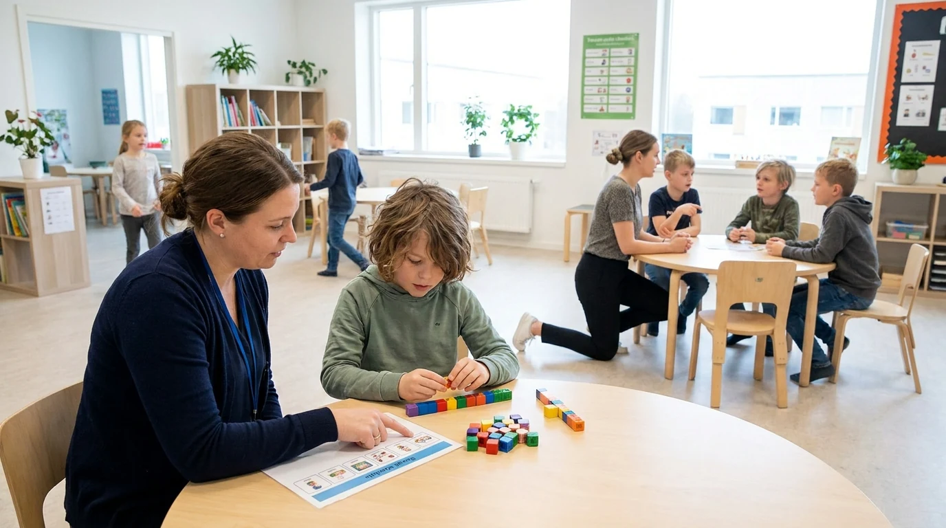 Niño realizando una actividad en el aula junto a una profesional de apoyo, representación de acompañamiento educativo y autonomía progresiva.