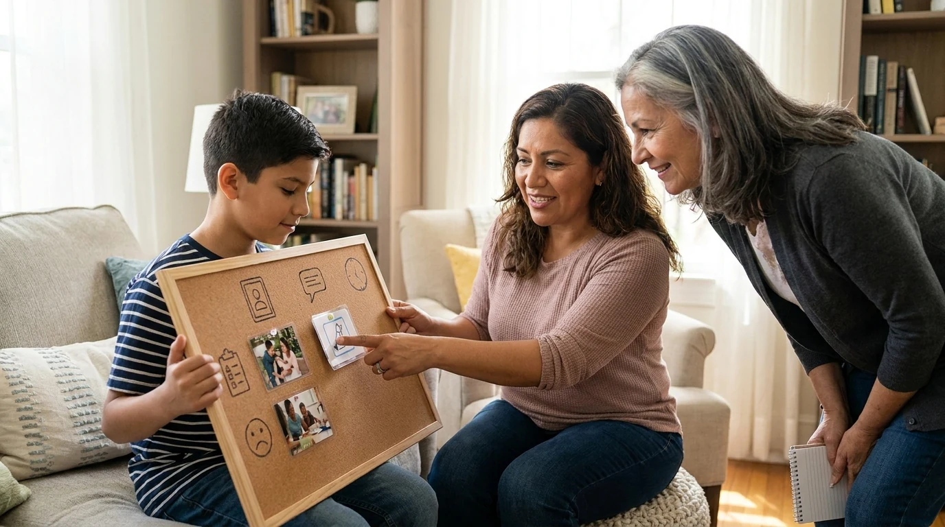 Madre explica a una familiar de confianza cómo apoyar la comunicación y las rutinas de su hijo autista mediante apoyos visuales.
