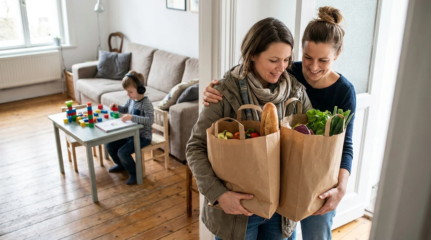 Persona de confianza ayuda con compras y tareas cotidianas para aliviar parte de las responsabilidades de una familia con un hijo autista.