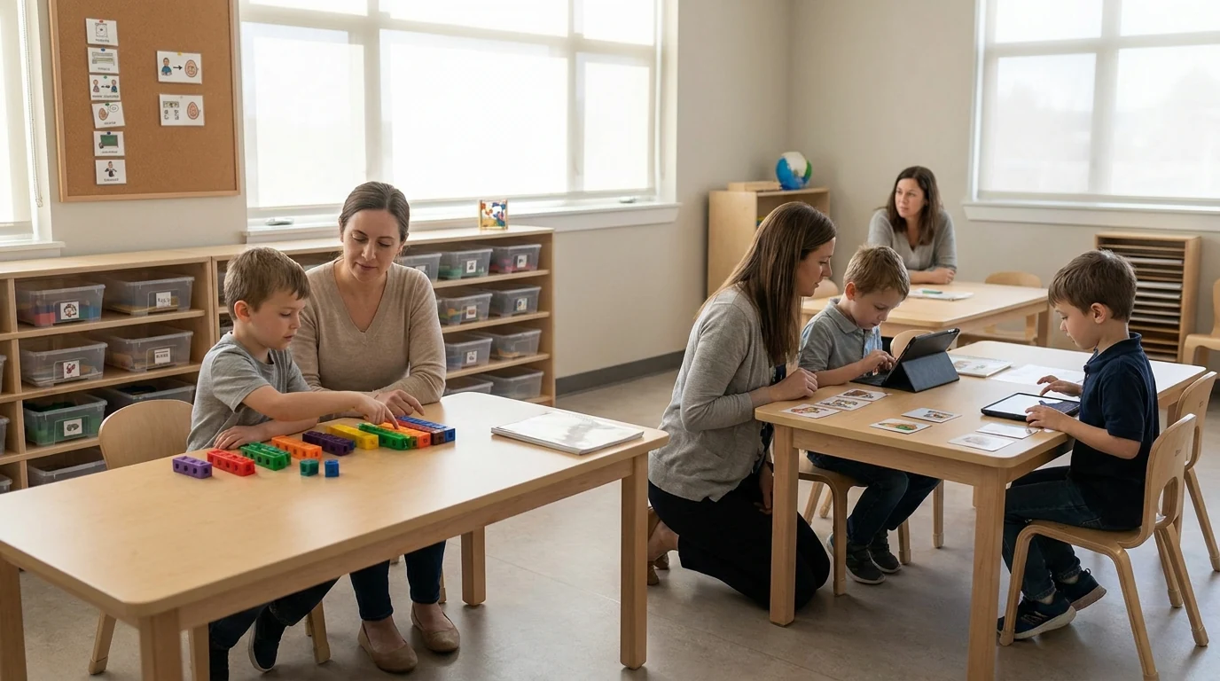 Niños realizan actividades educativas en un aula con grupos pequeños y apoyo individual de profesionales.
