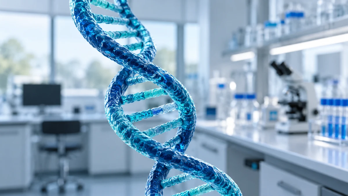 Representación de una doble hélice de ADN azul con un laboratorio desenfocado al fondo.