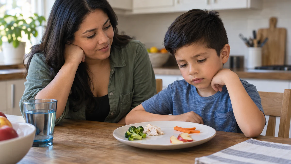 Niño autista acompañado por su madre durante una comida con diferentes alimentos
