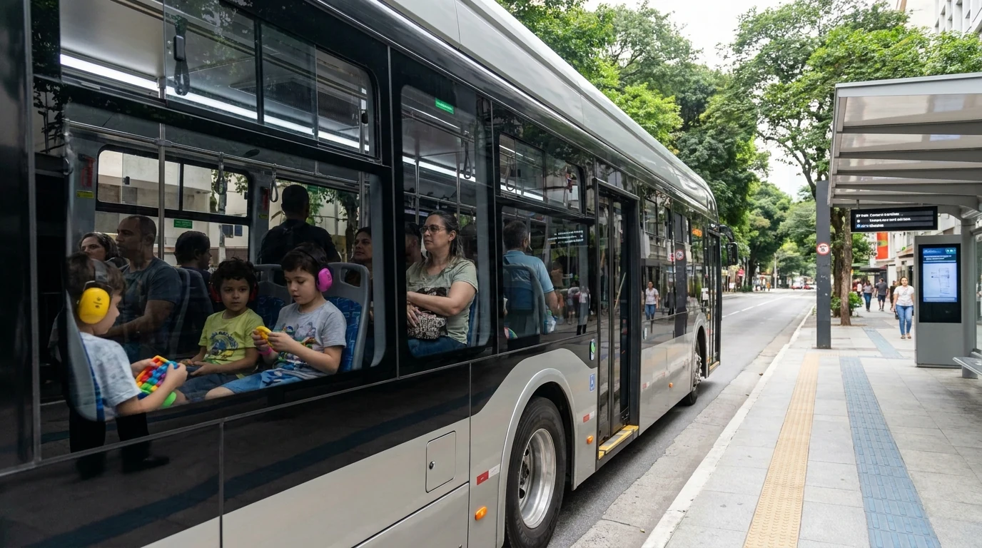 Autobús eléctrico urbano con pasajeros y recursos de apoyo, representación de transporte público accesible y sensorialmente amigable.