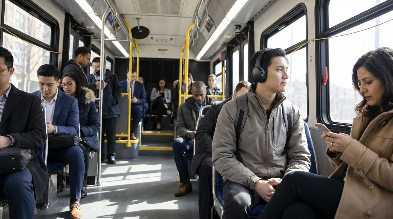 Adulto joven viaja de forma autónoma en un autobús urbano utilizando protección auditiva, representación de accesibilidad e inclusión en el transporte público.