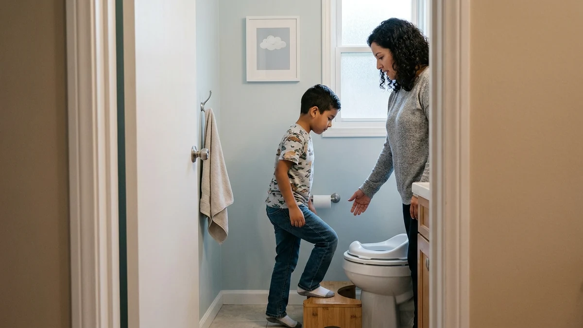 Niño autista entrando a un baño adaptado con apoyo de su madre