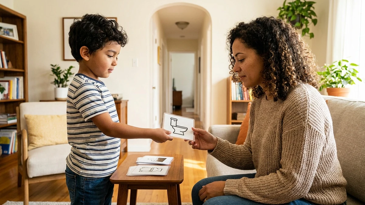 Niño entregando a su madre una tarjeta visual del baño para comunicar que necesita ir