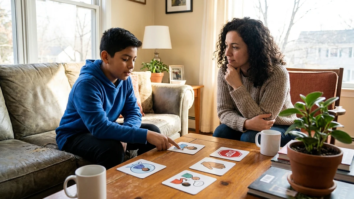 Adolescente autista conversando con su madre sobre límites personales y consentimiento mediante apoyos visuales