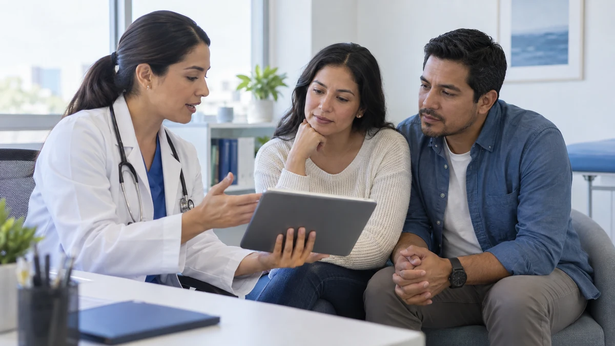 Médica mostrando una tableta a una madre y un padre durante una consulta.