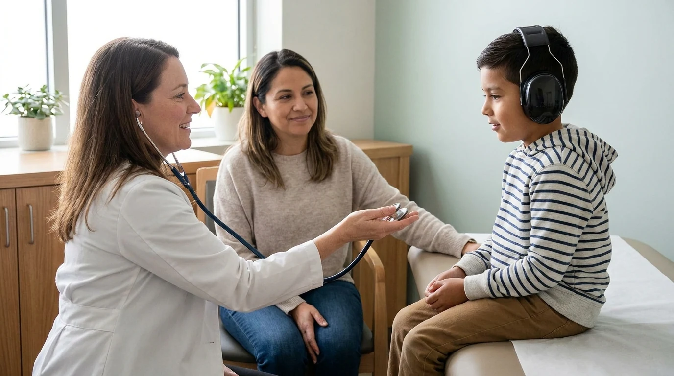 Profesional de salud muestra un instrumento médico a un niño autista antes de realizar la exploración.