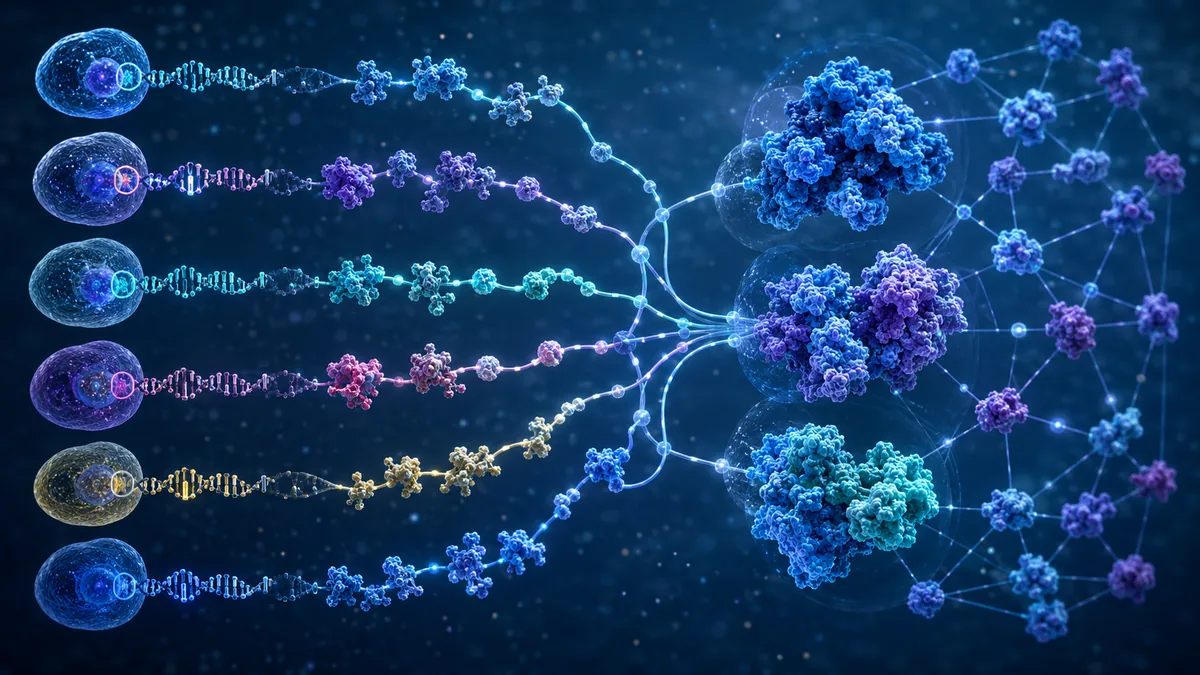 Representación científica de diferentes rutas genéticas que convergen en complejos de proteínas relacionados con el autismo