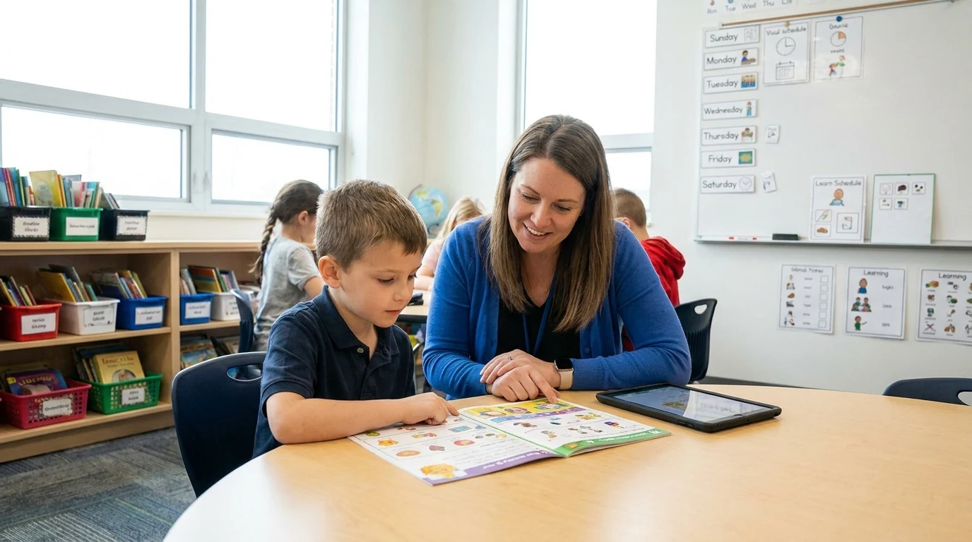 Niño realizando una actividad educativa en el aula junto a una docente, representación de inclusión y apoyo escolar en el autismo.