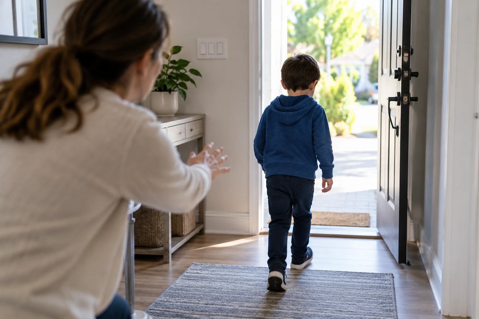 Niño caminando hacia una puerta abierta mientras un adulto lo observa, representación del escapismo en el autismo.