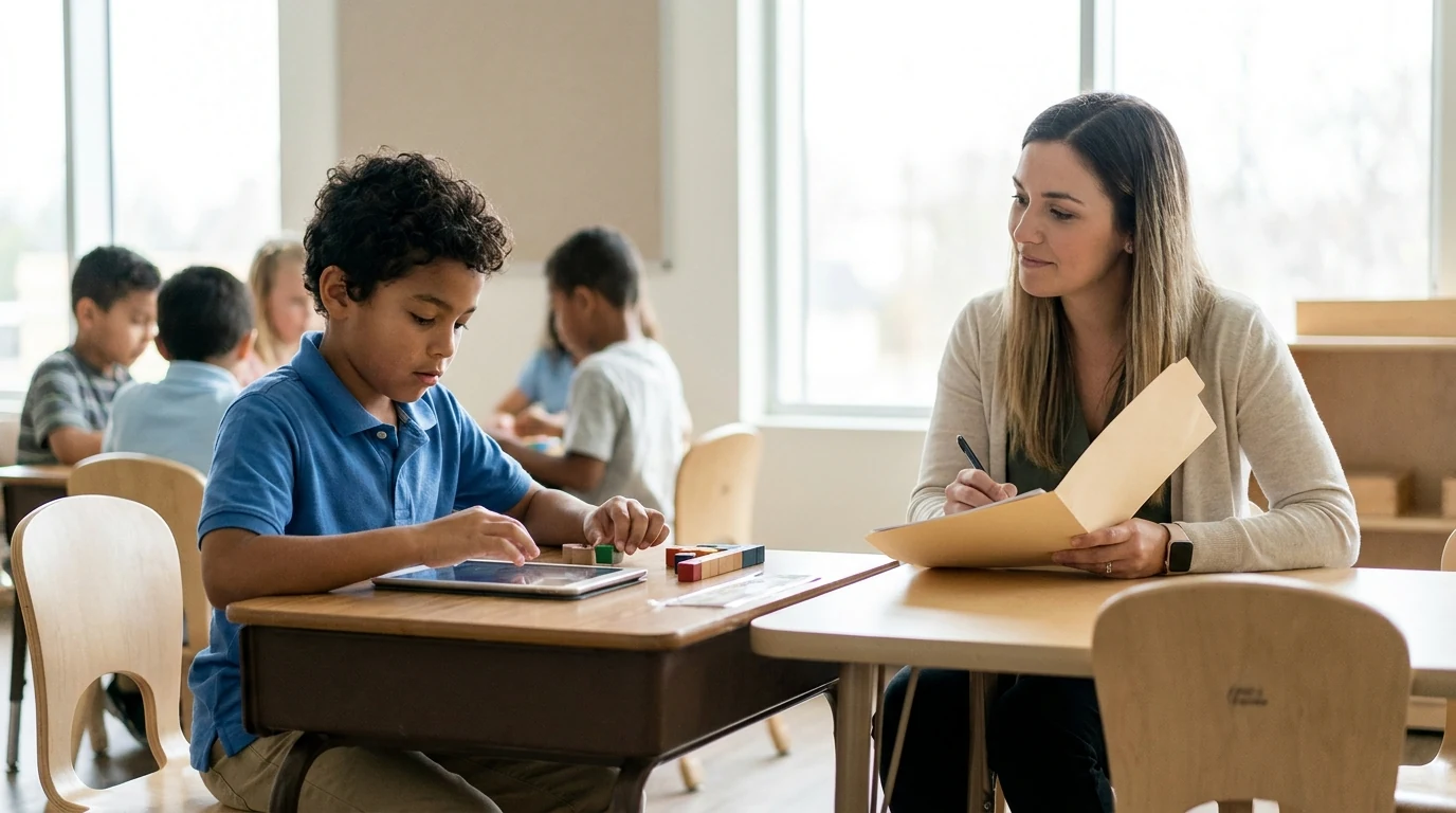 Docente observa el desempeño de un estudiante autista para identificar fortalezas y necesidades de apoyo escolar.