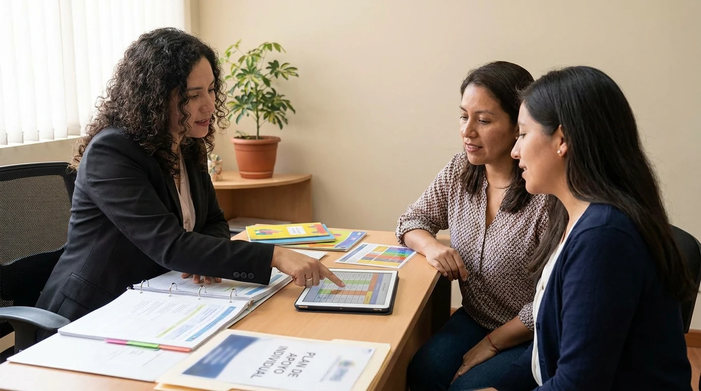 Profesional de orientación educativa revisando un plan de apoyo junto a una madre y una docente, representación de evaluación psicopedagógica e inclusión en autismo.