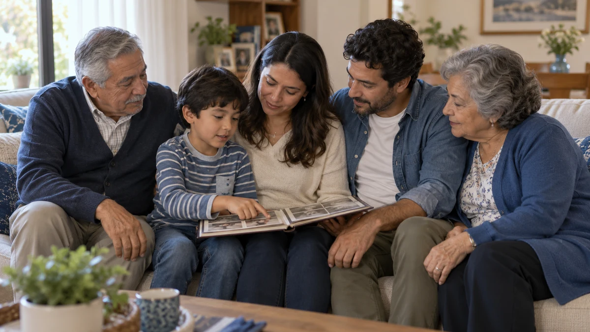 Abuelos, padres y un niño sentados en un sofá mientras miran juntos un álbum de fotografías familiares.