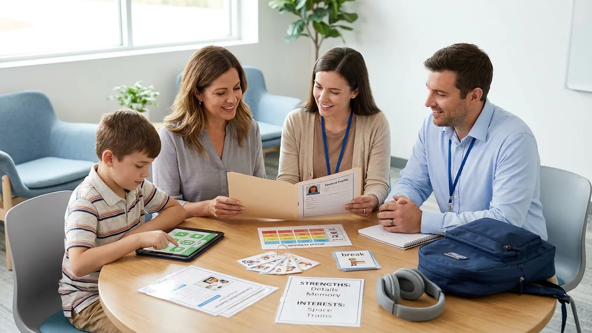 Familia y profesionales de la escuela revisan apoyos visuales y estrategias para preparar la transición de un estudiante autista
