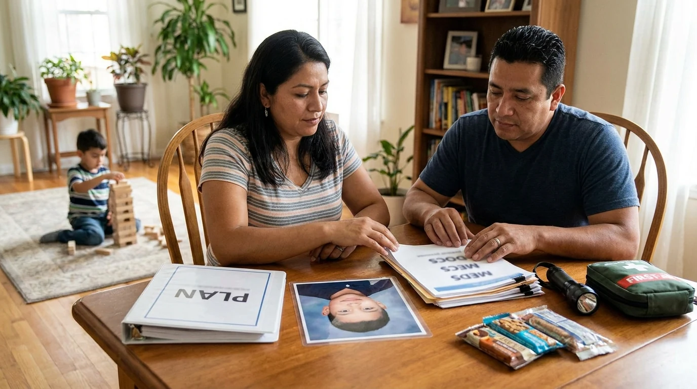 Padres preparan una ficha con fotografía e información de emergencia para su hijo autista.