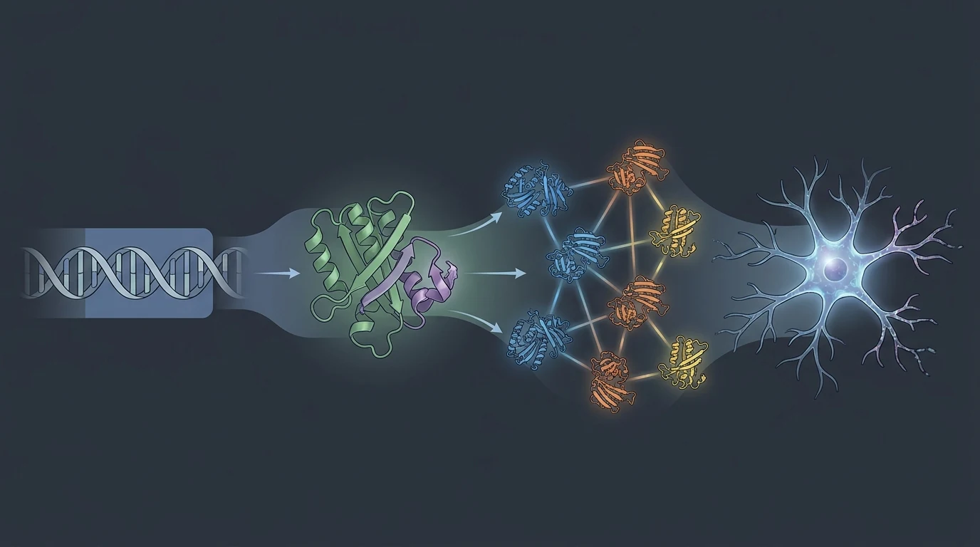 Ilustración educativa que representa la relación entre ADN, proteínas, redes moleculares y neuronas en investigaciones sobre autismo.