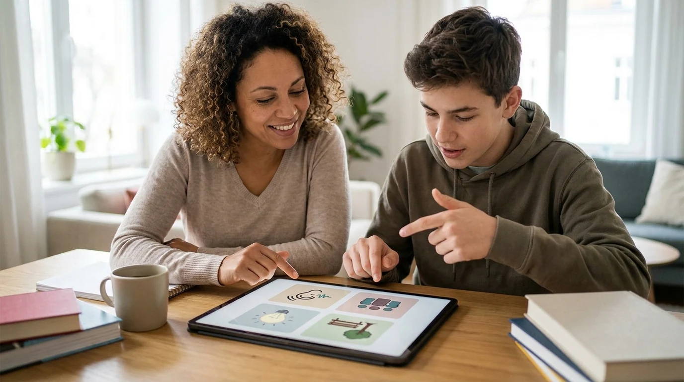 Madre y adolescente revisan en una tableta una guía sensorial para preparar una visita y anticipar estímulos del entorno.