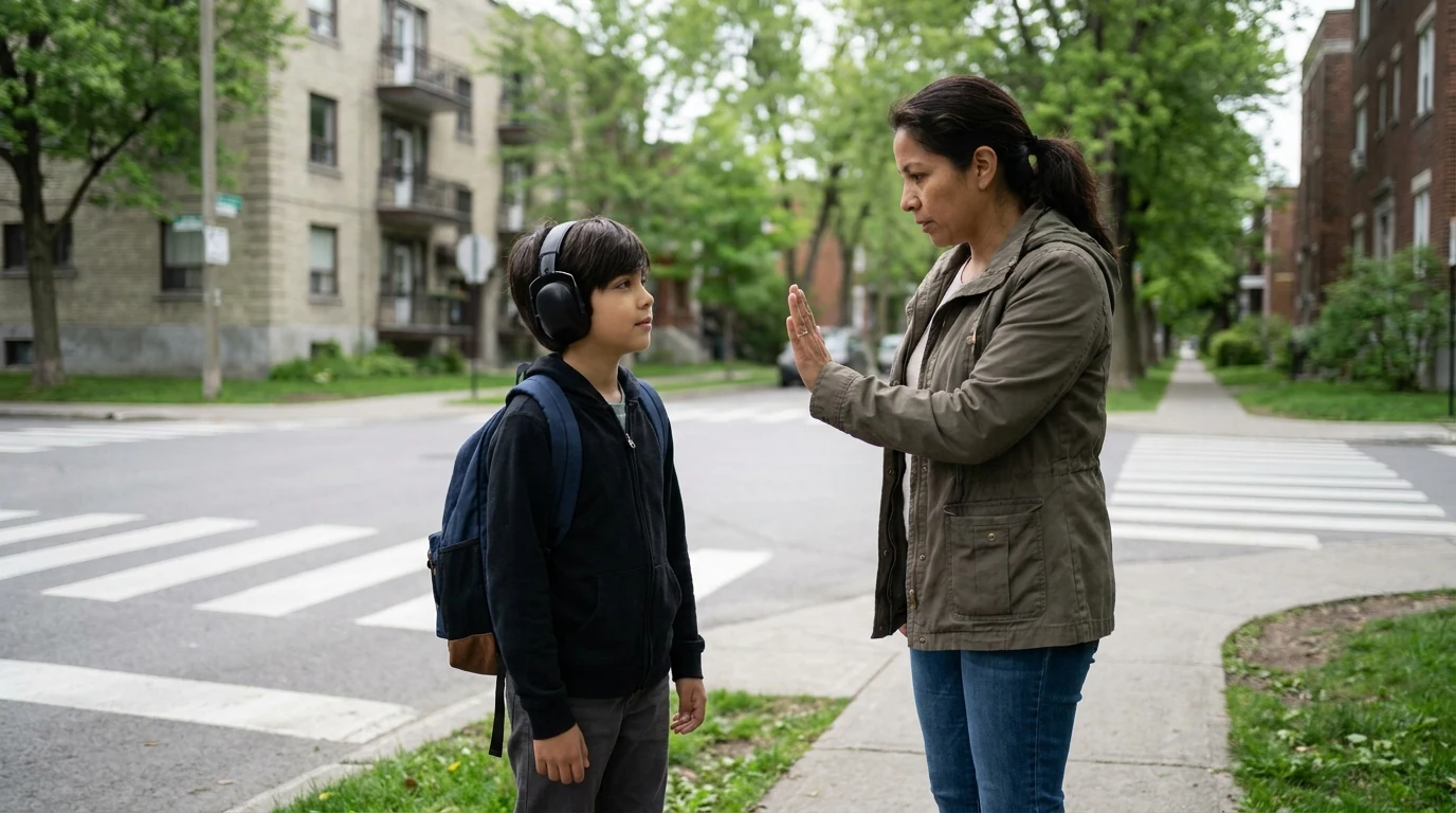 Madre practica con su hijo autista la habilidad de detenerse y esperar antes de cruzar una calle.