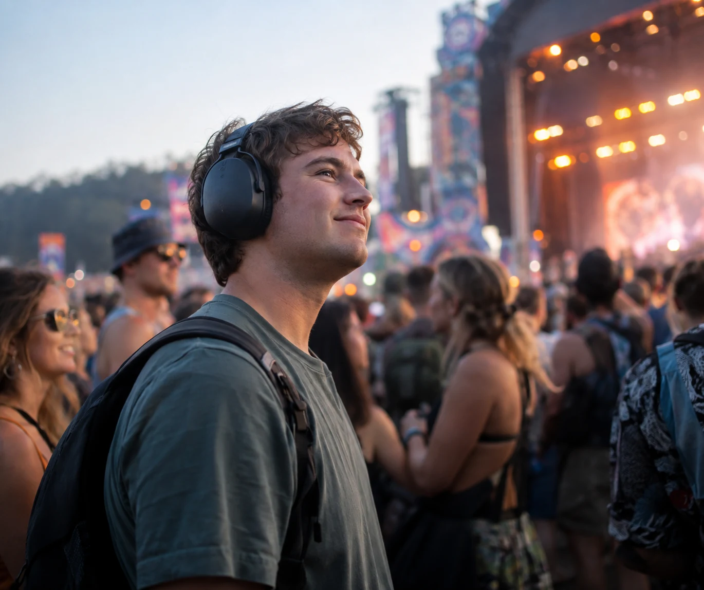 Joven con protección auditiva disfruta de un festival de música rodeado de otros asistentes, representación de inclusión y autonomía.