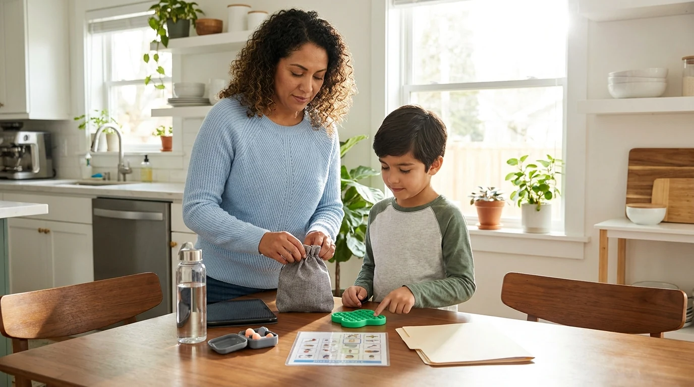 Madre prepara junto a su hijo autista un kit con apoyos sensoriales y de comunicación para una consulta médica.
