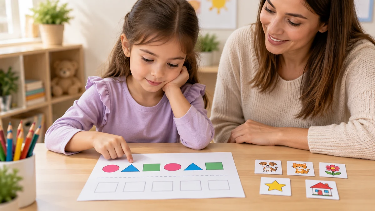 Niño observando una actividad visual con patrones de figuras y tarjetas educativas para trabajar memoria visual, atención y reconocimiento en niños.
