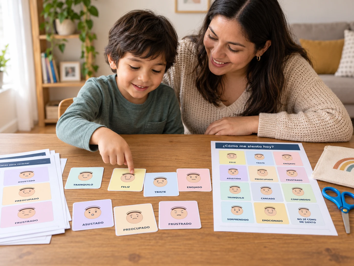 Niño utiliza junto a su madre las tarjetas de emociones incluidas en el PDF gratuito para comunicar cómo se siente.
