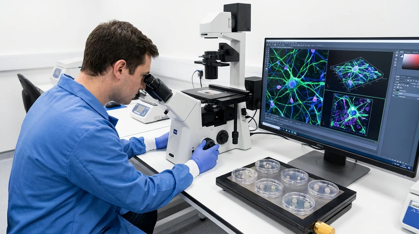 Investigador observa cultivos de organoides cerebrales en un laboratorio mientras analiza imágenes de neuronas en una pantalla.