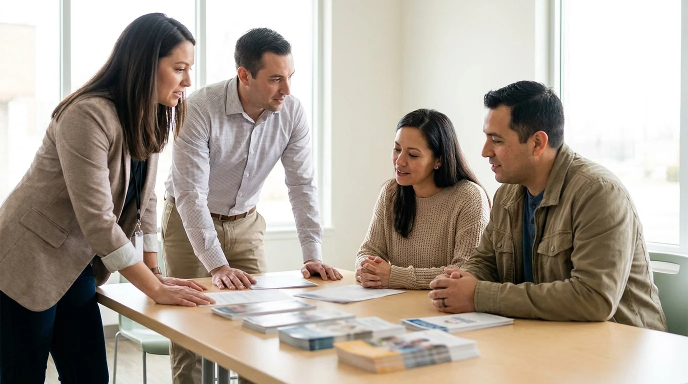 Profesionales conversando con una familia sobre recursos y apoyos disponibles, representación de orientación y acompañamiento en autismo.