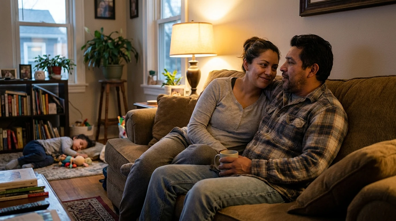 Pareja conversa y se apoya mutuamente después de una jornada exigente de cuidados familiares.