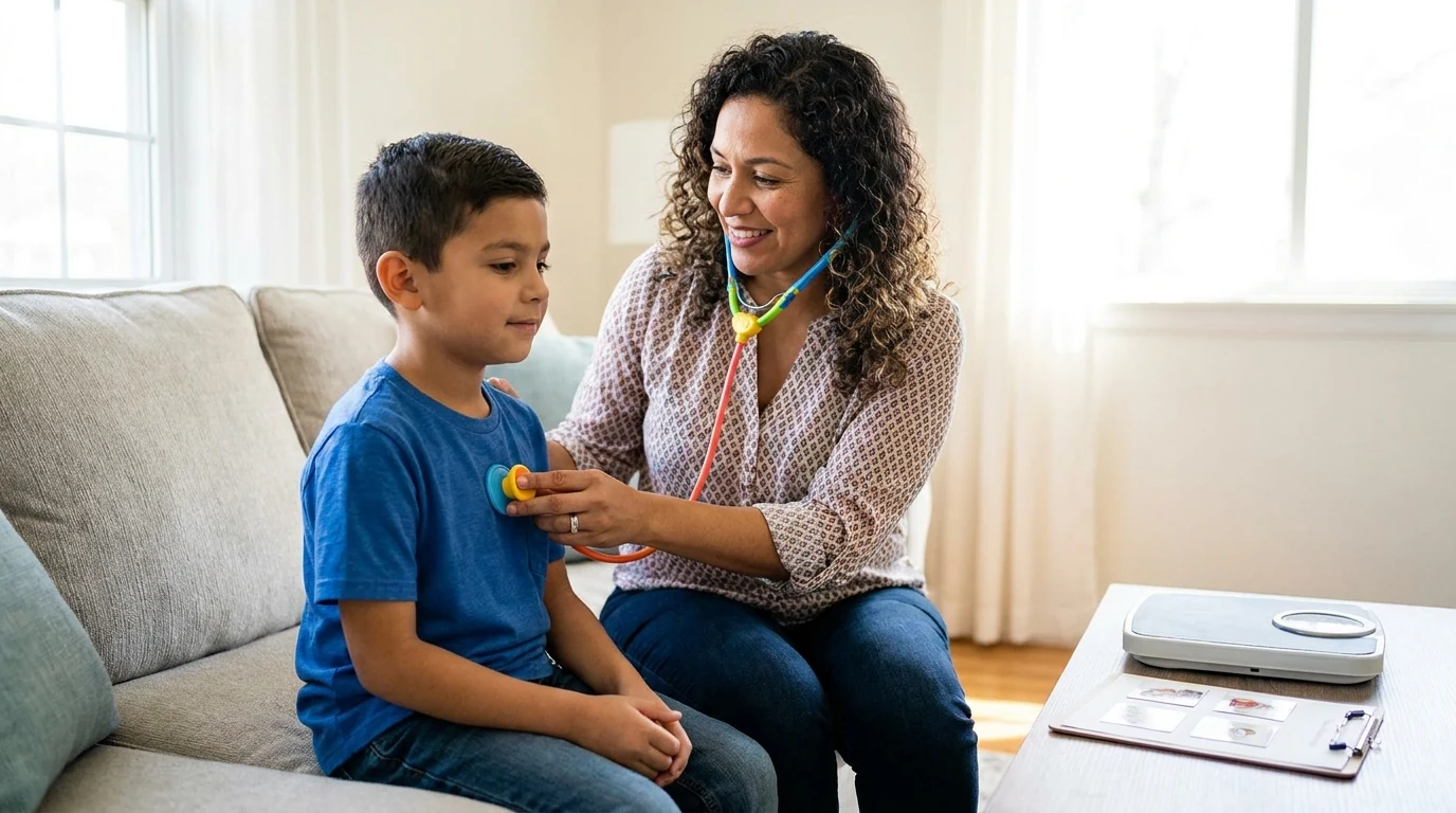 Madre practica en casa con su hijo autista algunas acciones que puede encontrar durante una consulta médica.