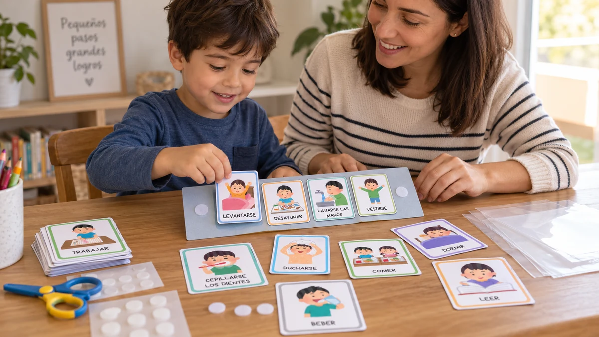 Niño y adulto preparando tarjetas visuales de acciones cotidianas para utilizarlas en casa o en el aula