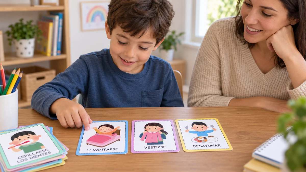 Niño organizando tarjetas visuales de levantarse, vestirse y desayunar con apoyo de una persona adulta