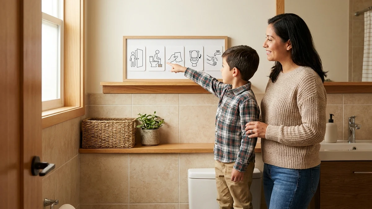 Niño autista observando una secuencia visual para aprender los pasos de ir al baño acompañado por su madre