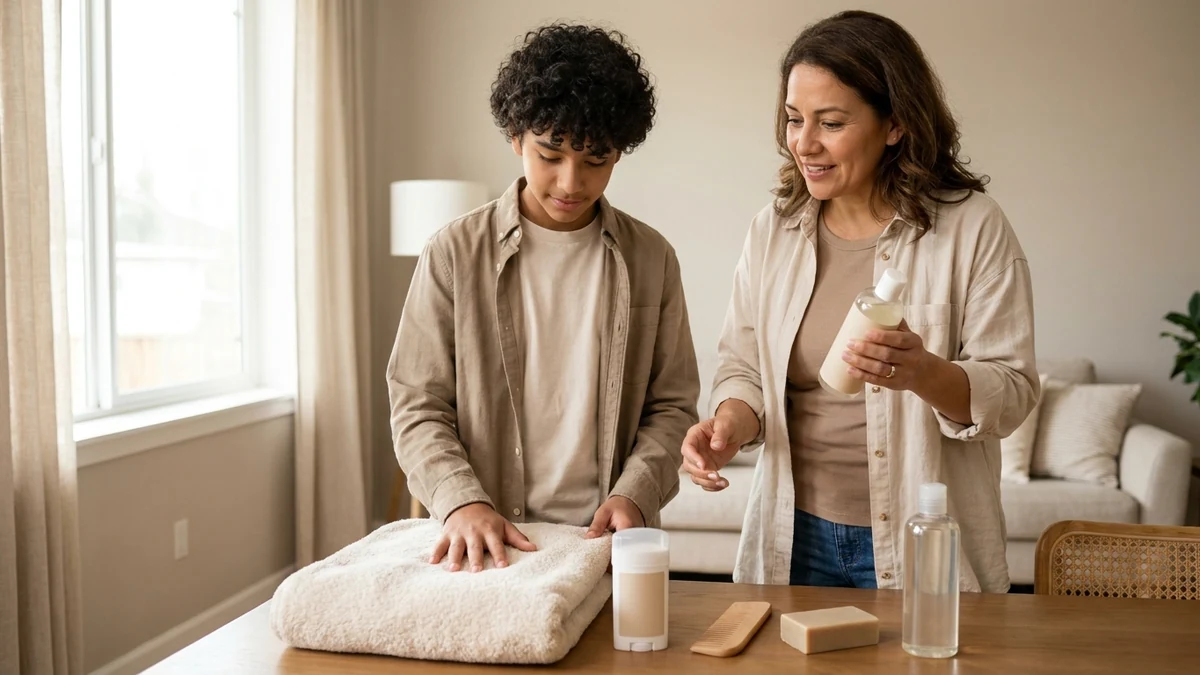 Adolescente autista comparando productos de higiene personal junto a su madre
