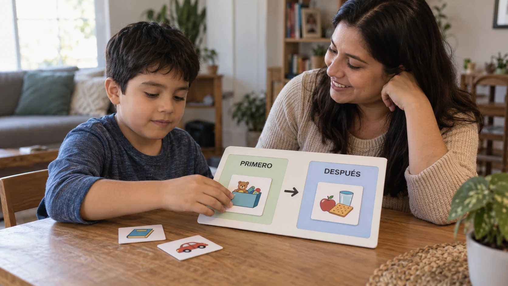 Niño utiliza junto a su madre un tablero Primero–Después para comprender de forma visual una secuencia de actividades cotidianas.