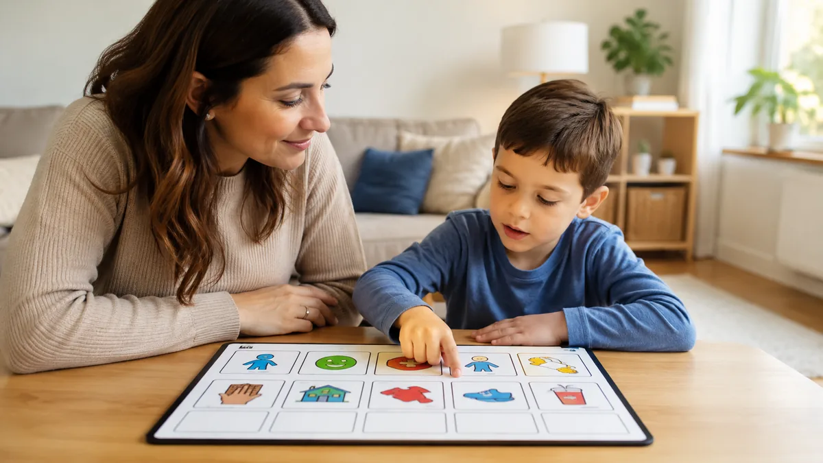 Niño autista utiliza un tablero de comunicación con pictogramas mientras una adulta lo acompaña de forma respetuosa
