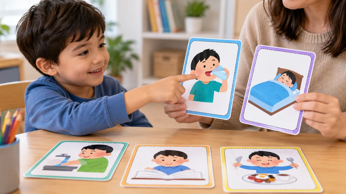Niño utilizando tarjetas visuales de acciones cotidianas junto a una persona adulta