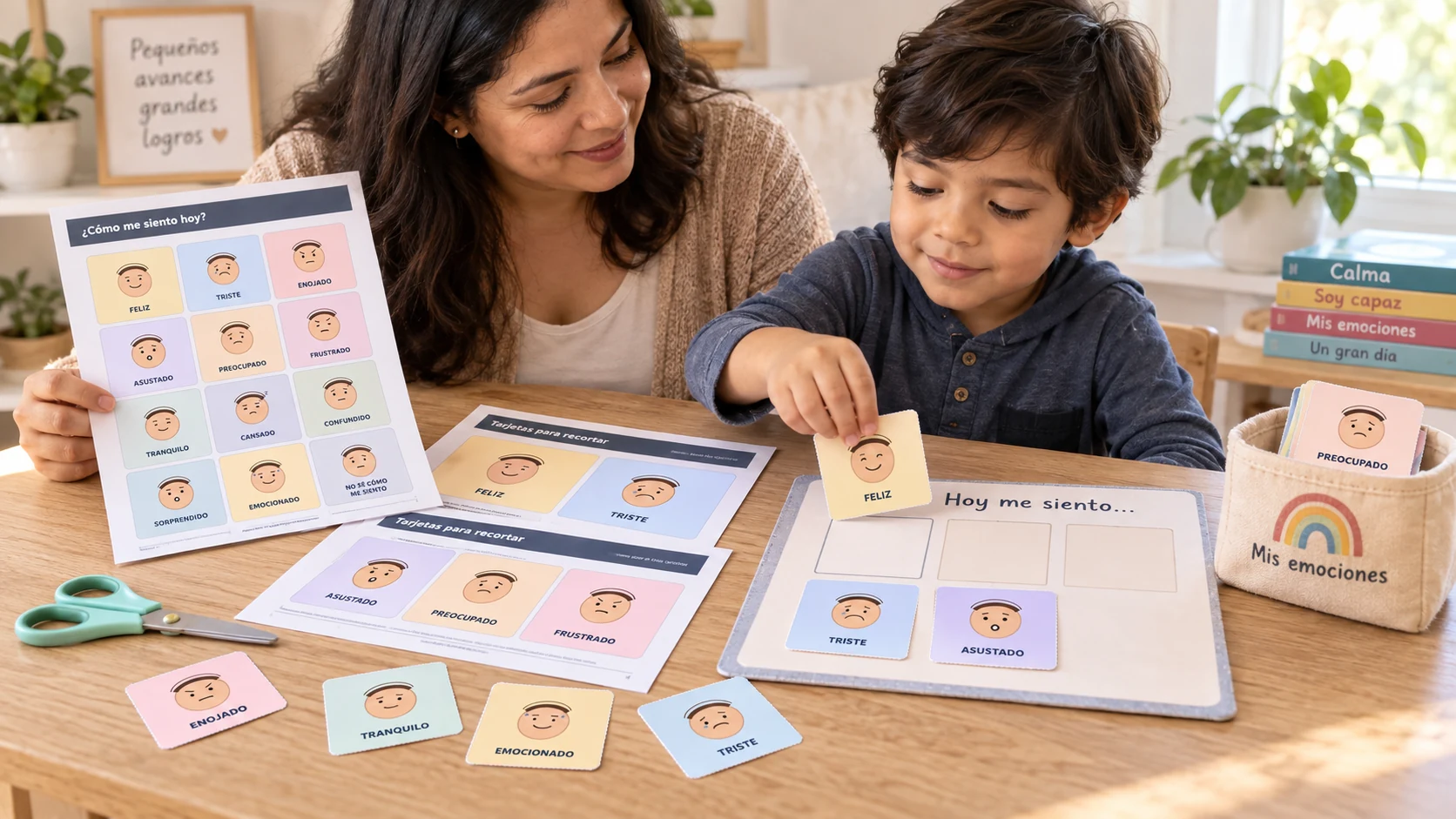 Niño utiliza junto a su madre las tarjetas de emociones del PDF para identificar y comunicar cómo se siente.