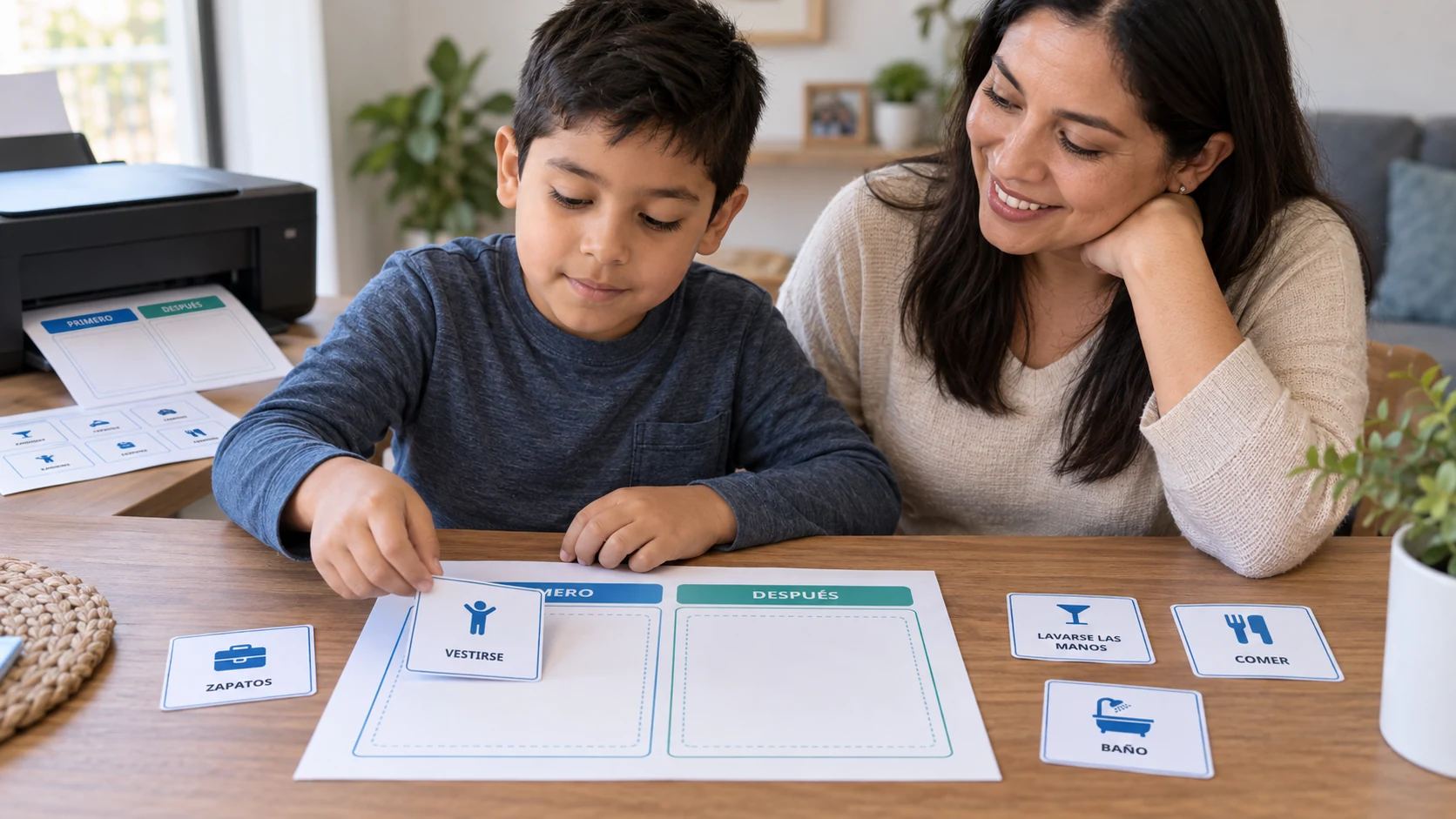 Niño utiliza junto a su madre un tablero Primero–Después con tarjetas visuales de rutinas cotidianas para anticipar actividades.