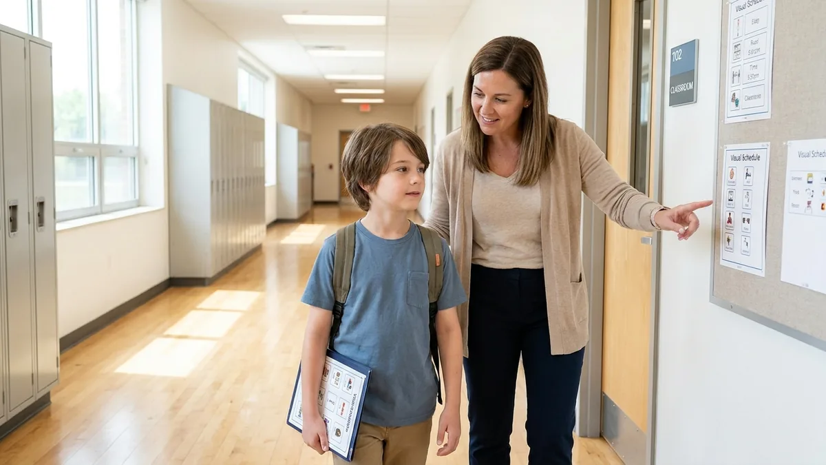 Niño autista recorre una nueva escuela acompañado por una adulta mientras observa apoyos visuales en el pasillo