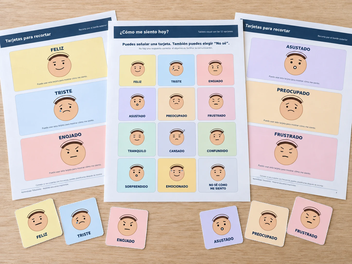 Vista previa de las tarjetas de emociones para niños autistas incluidas en el PDF gratuito para imprimir.