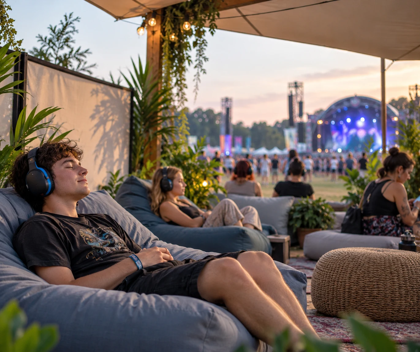 Jóvenes descansan en una zona tranquila de un festival con protección auditiva y espacios cómodos para regulación sensorial.