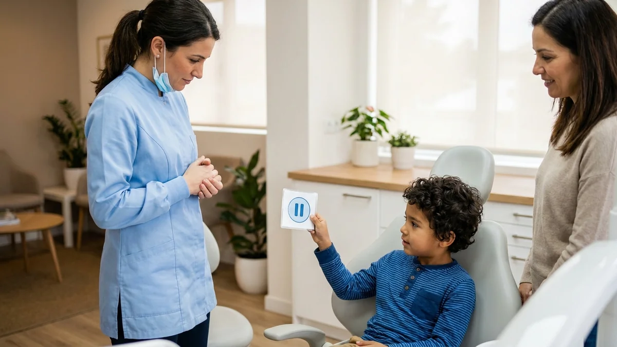 Niño autista muestra una tarjeta de pausa durante una consulta dental mientras la odontóloga espera.