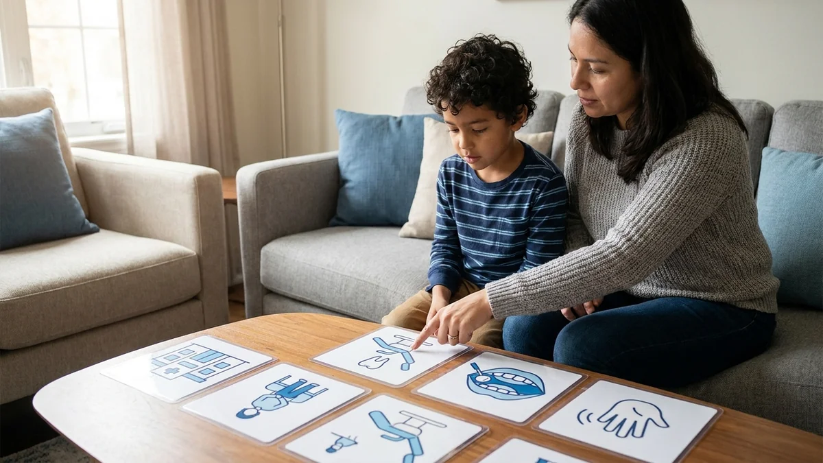 Niño autista junto a su madre revisando una secuencia visual para anticipar una visita al dentista.